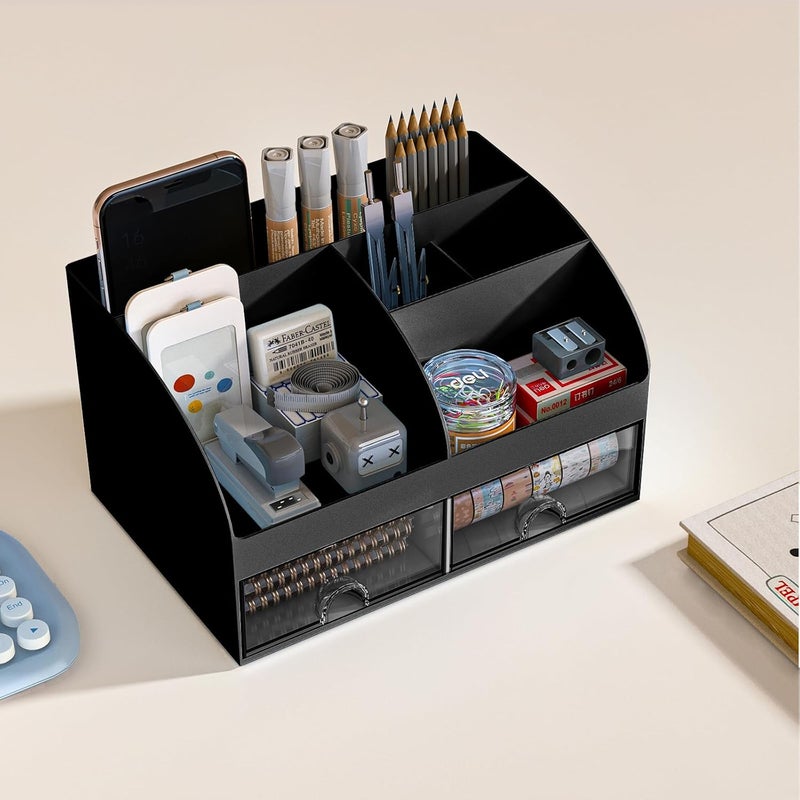 COMFYROOM Desk Organizer with 6 Compartments and 2 Drawers, Plastic Makeup Organizer, Pen Holder for Desktop Storage, Desk Organization for School, Home, Office Supplies (Black) - Image 3